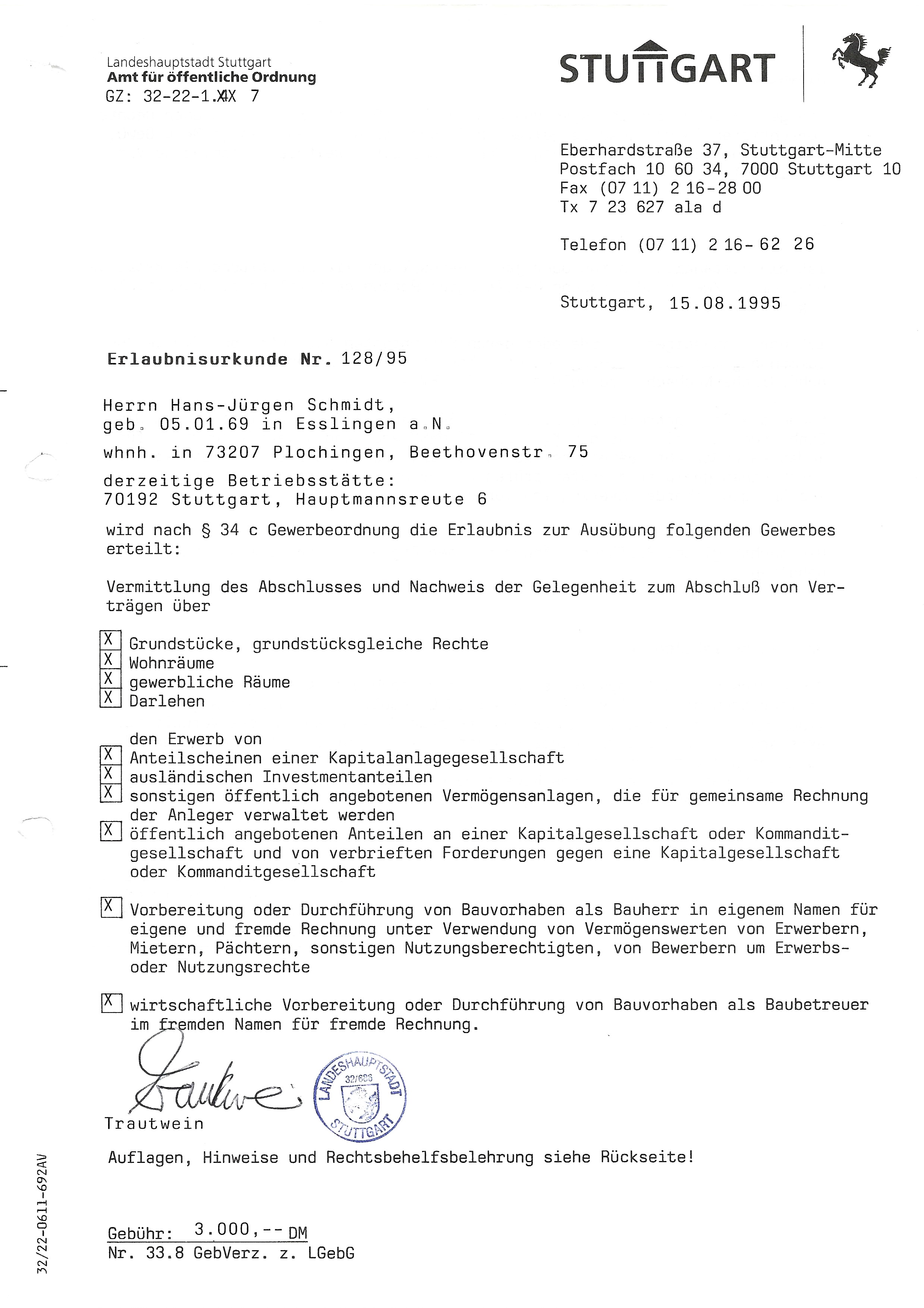 Erlaubnisurkunde Nr. 126/95 § 34c GewO Stuttgart aus 1995