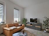 Blick ins Wohnzimmer - (EF1126_M) Bernburg: Calbe, preiswertes möbliertes 2-Zimmer-Apartment nahe der Saale, Wäschewechsel und WLAN