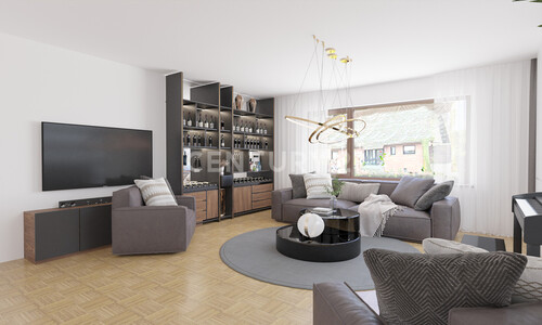 EG: Wohnzimmer visualisiert - 6 Zimmer Zweifamilienhaus zum Kaufen in Dortmund - Derne