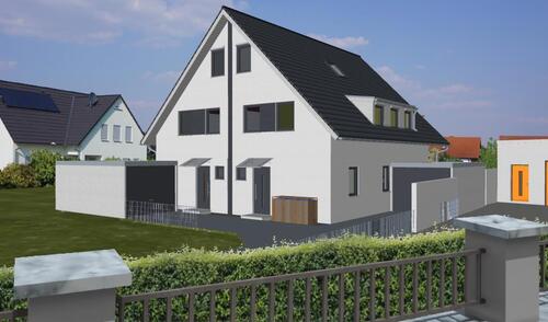 Frontansicht geplantes Haus - Baugrundstück für Doppelhaushälfte mit Planung und Baugenehmigung.